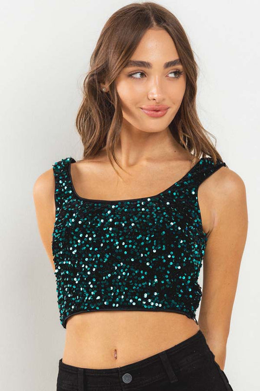 Square Neck Sequins Crop Top